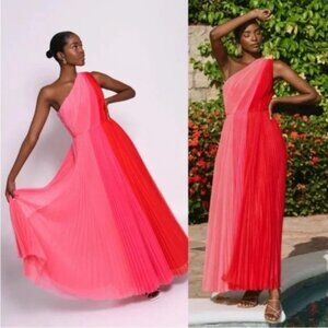 ANTHROPOLOGIE - Hutch Tarina Tulle One-Shoulder Colorblock Maxi Dress Red Pink